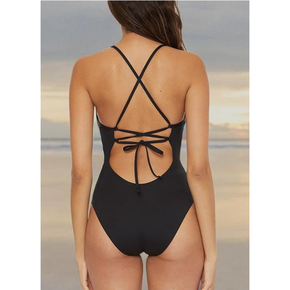 BECCA Women's Layla Plunge One-Piece Swimsuit Large Black Open Back NWT - Picture 3 of 12